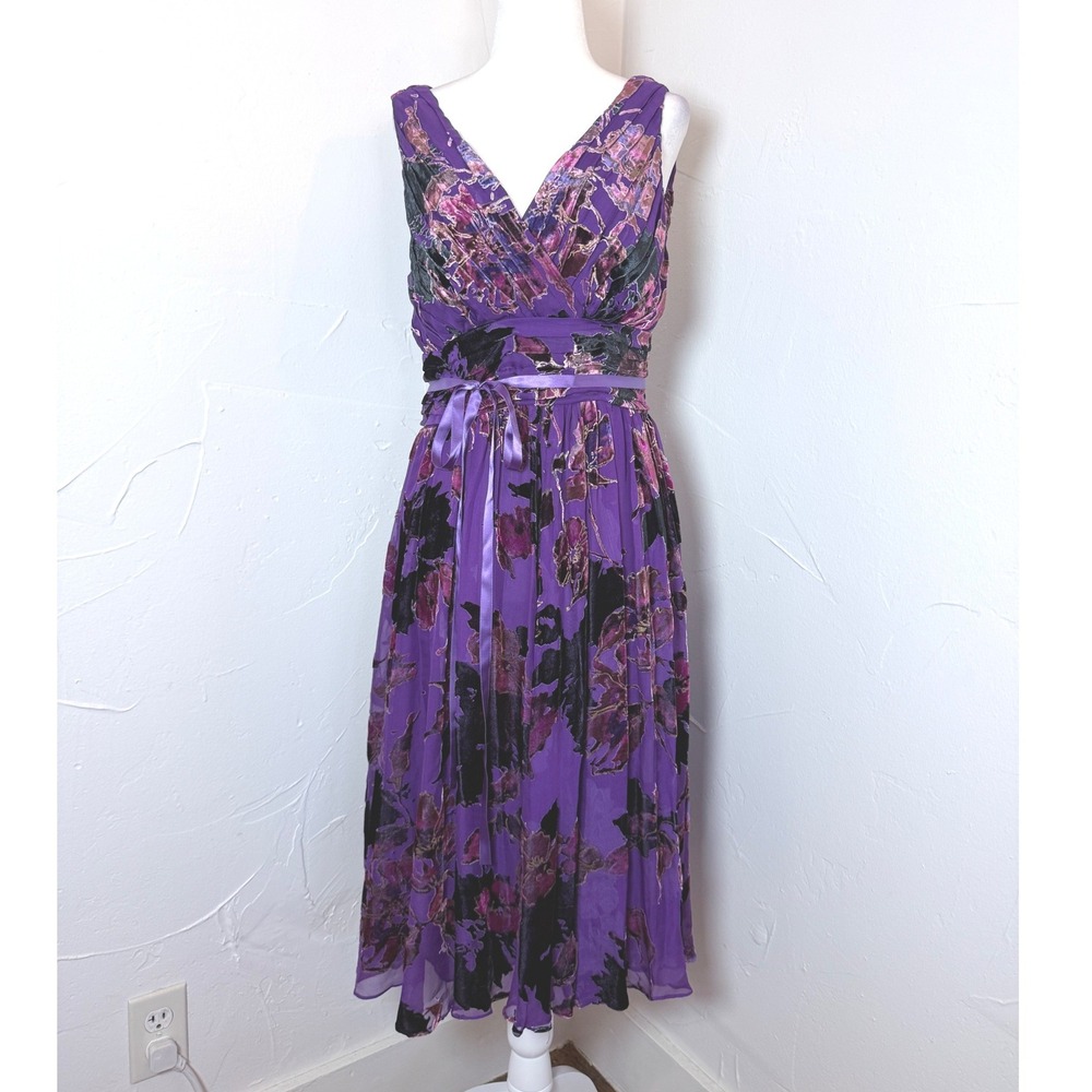 Spiegel Purple Silk Rayon Burnout Velvet Floral Midi Wrap Dress 8